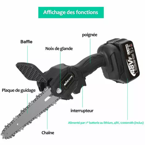Kkmoon 6 Pouces 48Vf Scies D'élagage électriques à Vitesse Infiniment Variable, Rechargeables, Tronçonneuse à Brosse Pour Fendre Le Bois, Outil De Travail Du Bois 5 Kkmoon 6 Pouces 48Vf Scies D'élagage électriques à Vitesse Infiniment Variable, Rechargeables, Tronçonneuse à Brosse Pour Fendre Le Bois, Outil De Travail Du Bois – Image 3