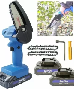 DAY PLUS Avec 2 Piles Mini-tronçonneuse Avec Batterie 4 Pouces Petite Tronçonneuse à La Scie à Tronçonneuse à La Chaîne à La LED à Deux Batteries Et 2 Chaînes, Serrure De Sécurité, Tronçonneuse électrique Adaptée à L'horticulture / Arbres / En Bois De Jardin