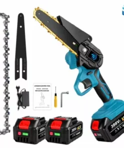 Scie à Chaîne électroportative 1200W Mini Tronçonneuse à Batterie - 6 Pouces Sans Fil Pour Makita - Vitesse Réglable Pour La Coupe Du Bois - Onevan - Bleu Avec 2 Batteries