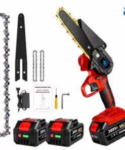 Scie à Chaîne électroportative 1200W Mini Tronçonneuse électrique Onevan - 6 Pouces Sans Fil Pour Makita - Rouge Avec 2 Batteries 2 Chaînes - Vitesse Réglable Pour La Coupe Du Bois