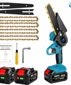 Scie à Chaîne électroportative 1200W ONEVAN - Mini Tronçonneuse électrique - Sans Fil 6 Pouces Pour Makita 18V - Vitesse Réglable Pour La Coupe Du Bois - Bleu Avec 2 Batteries, 4 Chaînes Or Et 2 Guide
