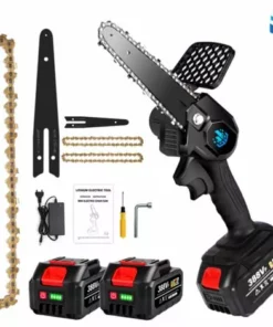 Scie à Chaîne électroportative | Tronçonneuse à Batterie 1200W ONEVAN - Mini Tronçonneuse électrique - Sans Fil 6 Pouces Pour Makita 18V - Vitesse Réglable Pour La Coupe Du Bois - Noir Avec 2*batteries, 2*chaînes Or Et 1*guide