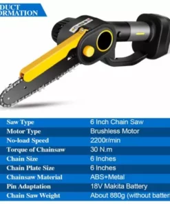 Scie à Chaîne électroportative Sans Fil Sans Brosse 6 Pouces Mini Tronçonneuse Onevan - Jaune - Pour La Coupe Du Bois Pour Makita 18V Batterie - Sans Batterie -Tronçonneuse et accessoire Soldes 2022 57334197 5