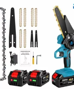 Scie à Chaîne électroportative | Tronçonneuse à Batterie 6 Pouces Sans Fil 1200W - Pour Makita 18V Batterie - Vitesse Réglable Pour La Coupe Du Bois - Onevan - Avec 2*Batterie+6*chaine Or+2*guide - Bleu