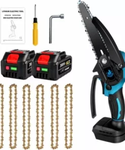 Scie à Chaîne électroportative Brushless 6 Pouces 1200W ONEVAN Mini Tronçonneuse électrique Sans Fil Pour Makita 18V Batterie | Vitesse Réglable Pour La Coupe Du Bois - Avec 2*Batteries+6*chaine Or