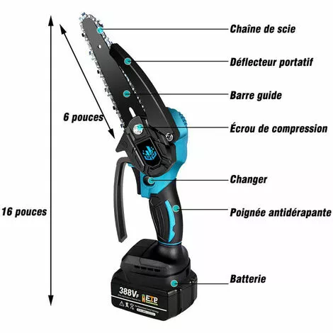 Scie à Chaîne électroportative Brushless 6 Pouces 1200W ONEVAN Mini Tronçonneuse électrique Sans Fil Pour Makita 18V Batterie | Vitesse Réglable Pour La Coupe Du Bois - Avec 2*Batteries+6*chaine Or 4 Scie à Chaîne électroportative Brushless 6 Pouces 1200W ONEVAN Mini Tronçonneuse électrique Sans Fil Pour Makita 18V Batterie | Vitesse Réglable Pour La Coupe Du Bois - Avec 2*Batteries+6*chaine Or – Image 2