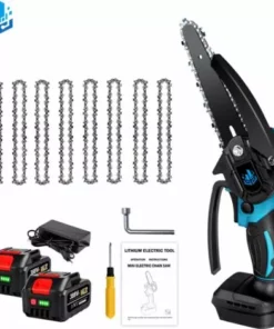 Tronçonneuse à Batterie Scie à Chaîne électroportative 1200W | Mini Tronçonneuse électrique Sans Fil ONEVAN - Pour Makita 18V Batterie - Vitesse Réglable Pour La Coupe Du Bois - Avec 2*Batteries+8*chaînes