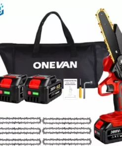 Scie à Chaîne électroportative Sans Fil | Tronçonneuse à Batterie 6" 1200W | Pour Makita 18V Batterie - Vitesse Réglable Pour La Coupe Du Bois - Onevan - Rouge - Avec 2*Batterie + 6*chaine Argent