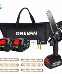 Scie à Chaîne électroportative Sans Fil | Tronçonneuse à Batterie 6” 1200W ONEVAN - Mini Tronçonneuse Pour Makita 18V Batterie - Noir - Avec 2*batterie+6*chaine Or+1*sac