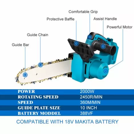 ONEVAN Tronçonneuse à Batterie 10” 18V - Scie à Chaîne Tronçonneuse électrique Sans Fil - Brushless Moteur - Convient Pour Makita 18V Batterie - Avec 2*batterie 4 ONEVAN Tronçonneuse à Batterie 10” 18V - Scie à Chaîne Tronçonneuse électrique Sans Fil - Brushless Moteur - Convient Pour Makita 18V Batterie - Avec 2*batterie – Image 2