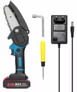 LIFCAUSAL Scies D'élagage électriques Portables 21 V 4 Pouces Petit Moteur De Brosse De Tronçonneuse à Fendre Le Bois Outil De Travail Du Bois à Une Main Pour Jardin Verger (bleu 1 Batterie)