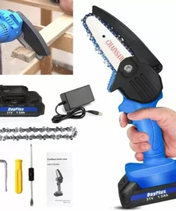 DAY PLUS Scie à Chaîne Sans Fil 21 V, Tronçonneuse électrique à Piles De 10,2 Cm Avec Batterie Lithium-ion 1,5 Ah Et Chargeur, Mini Tronçonneuse Portable Légère à Commande à Une Main Pour Couper Des Branches D'arbres